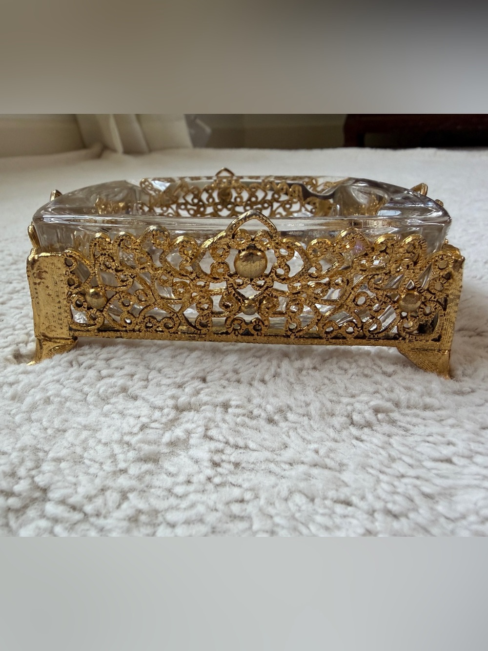 Vintage Ashtray With Gold Tone Ormolu Filigree Footed Stand Hollywood Regency - Picture 7 of 11